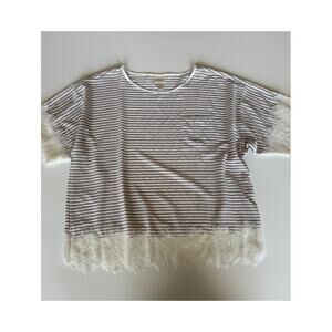 Chico's Lace Trim Taupe White Striped Short Sleeve Blouse Pocket Size 2 (Large)